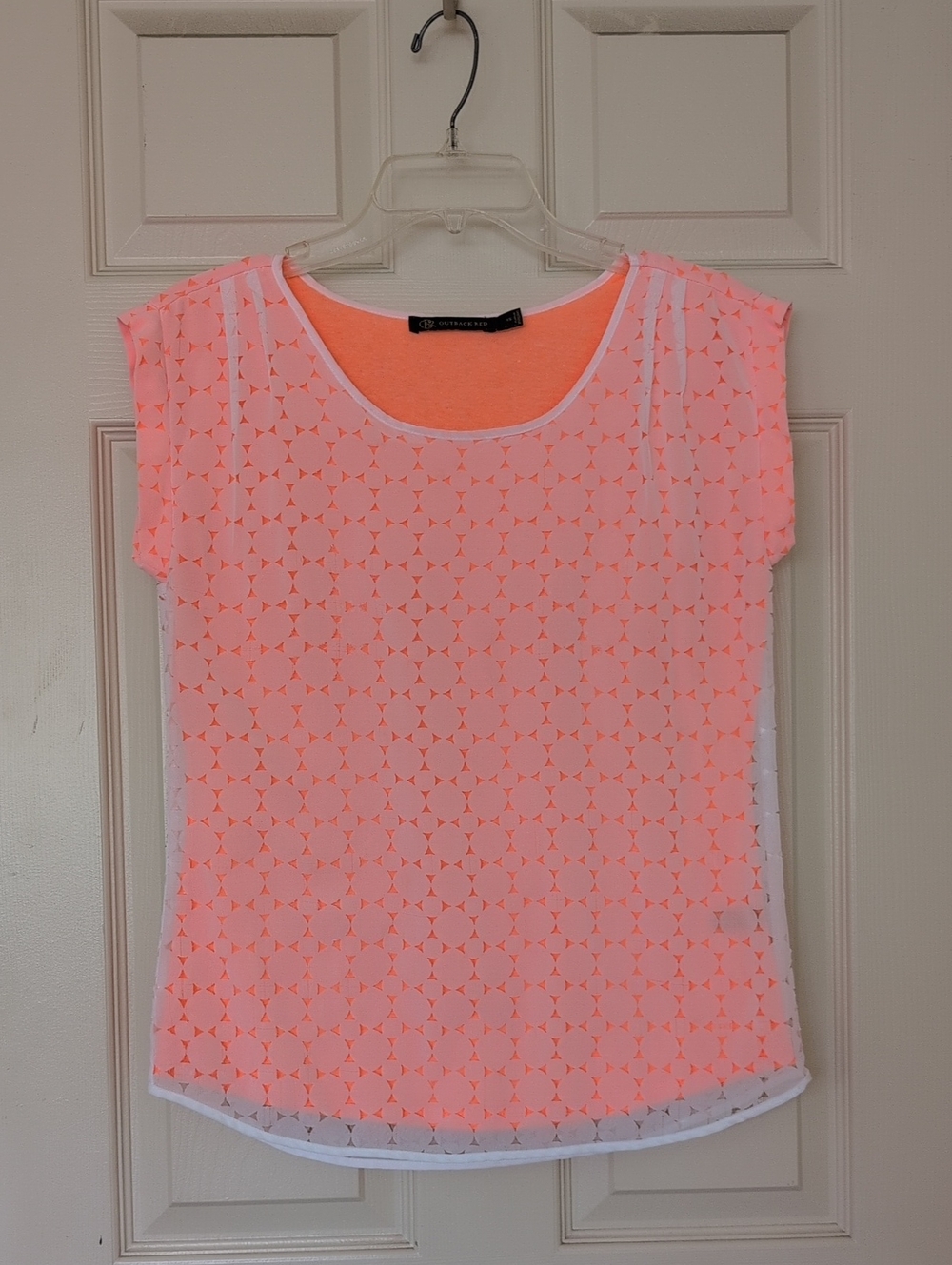 The Limited Lightweight Neon Coral Geometric Layered Sleeveless Sheer Top.